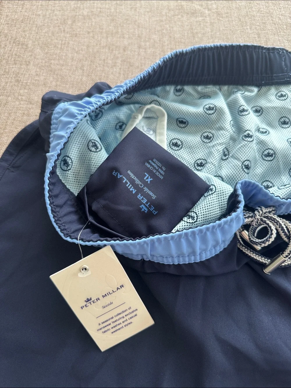 NWT Peter Millar Navy Swim Trunks with Light Blue Waistband
